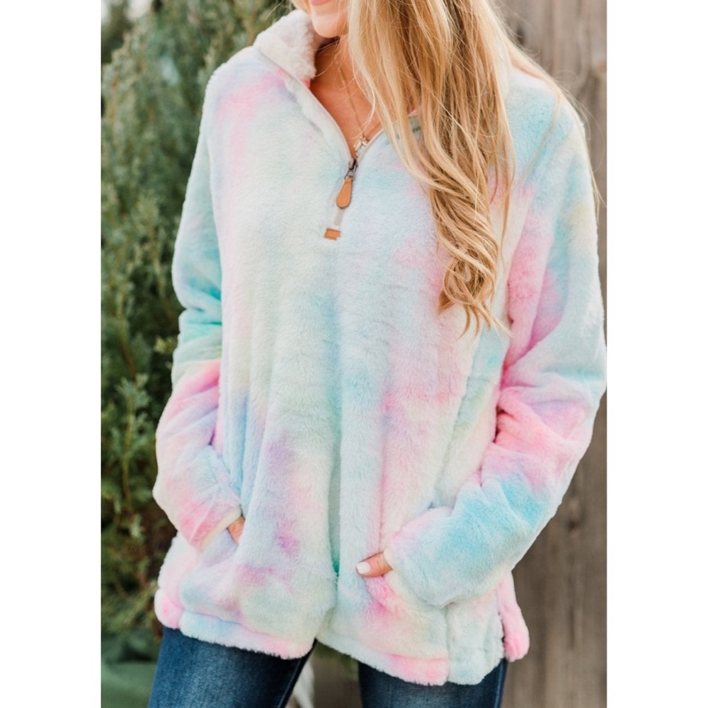 Southern Fried Chics colorful tie dye print fuzzy pullover jacket